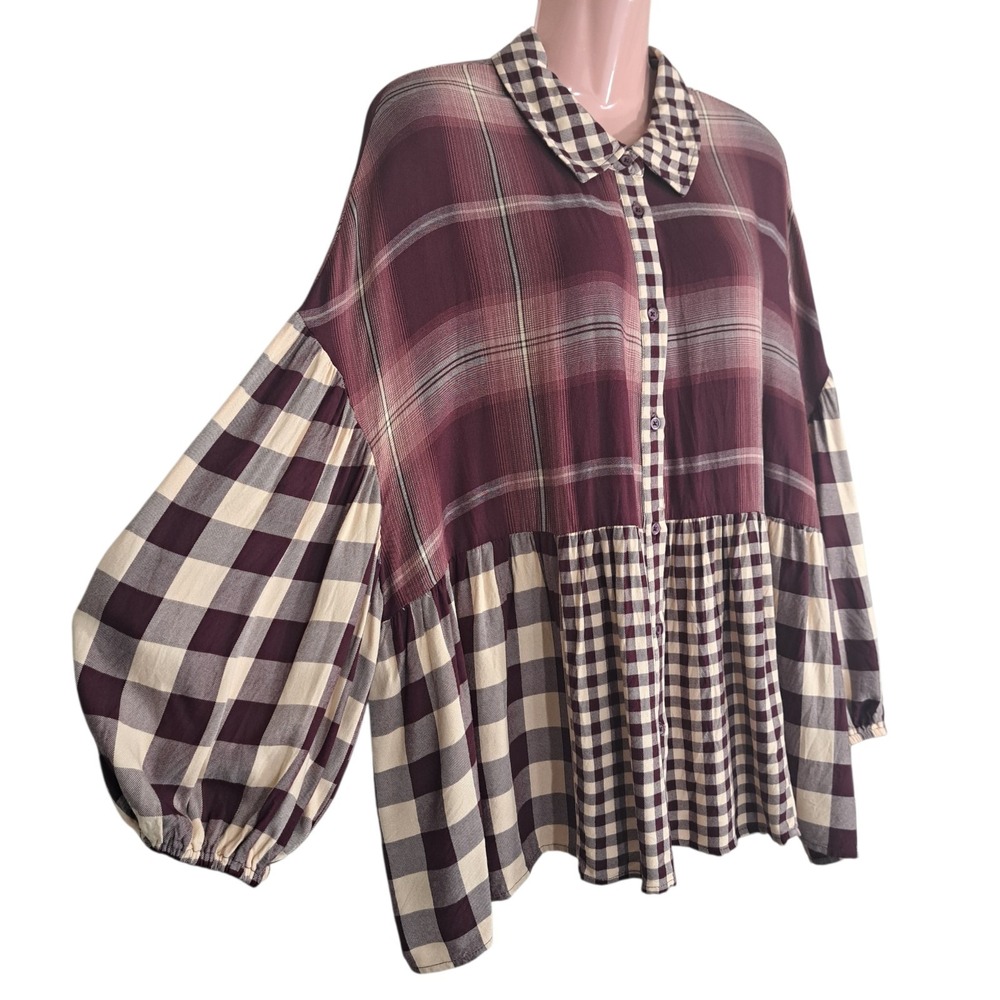 Cato Women's Oversized Button-Up Shirt Size XL Beige/Burgundy Balloon Sleeve